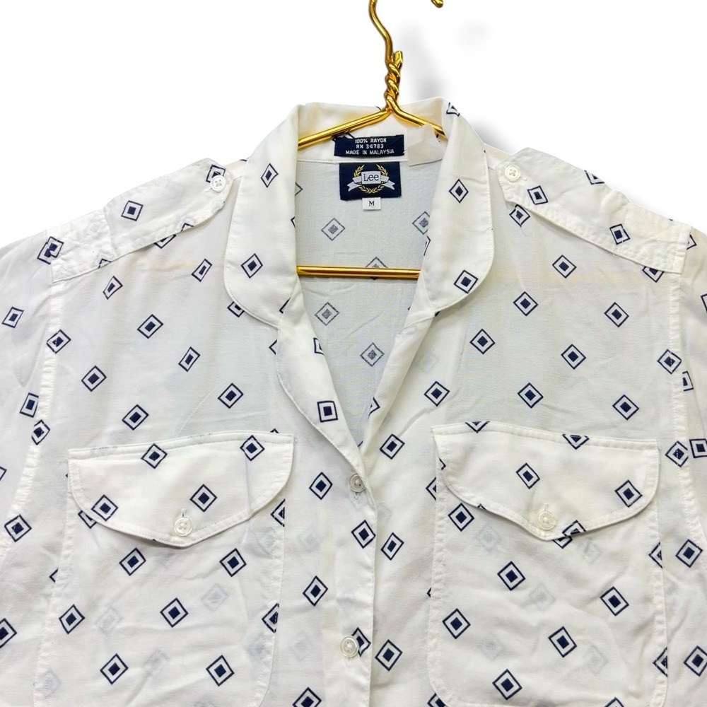 Vintage 90s Lee Rayon Camp Shirt Boxy Geometric Epaulet Button Up Mens M